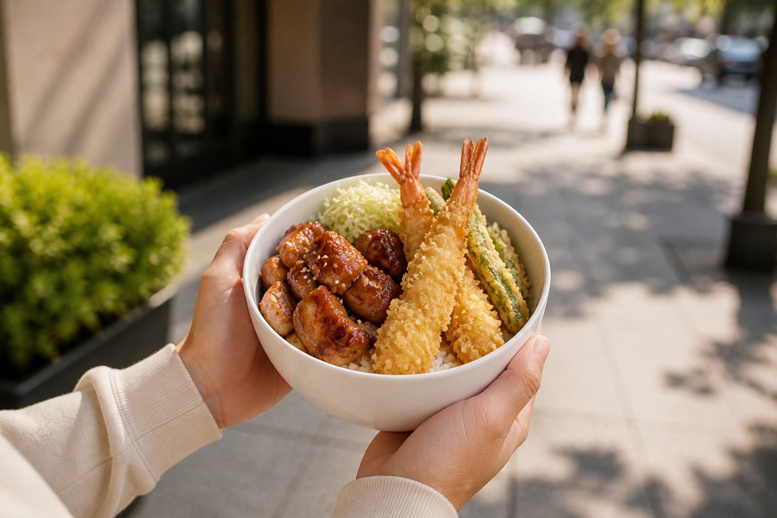 Holding an Ebi Ten bowl on the sidewalk downtown