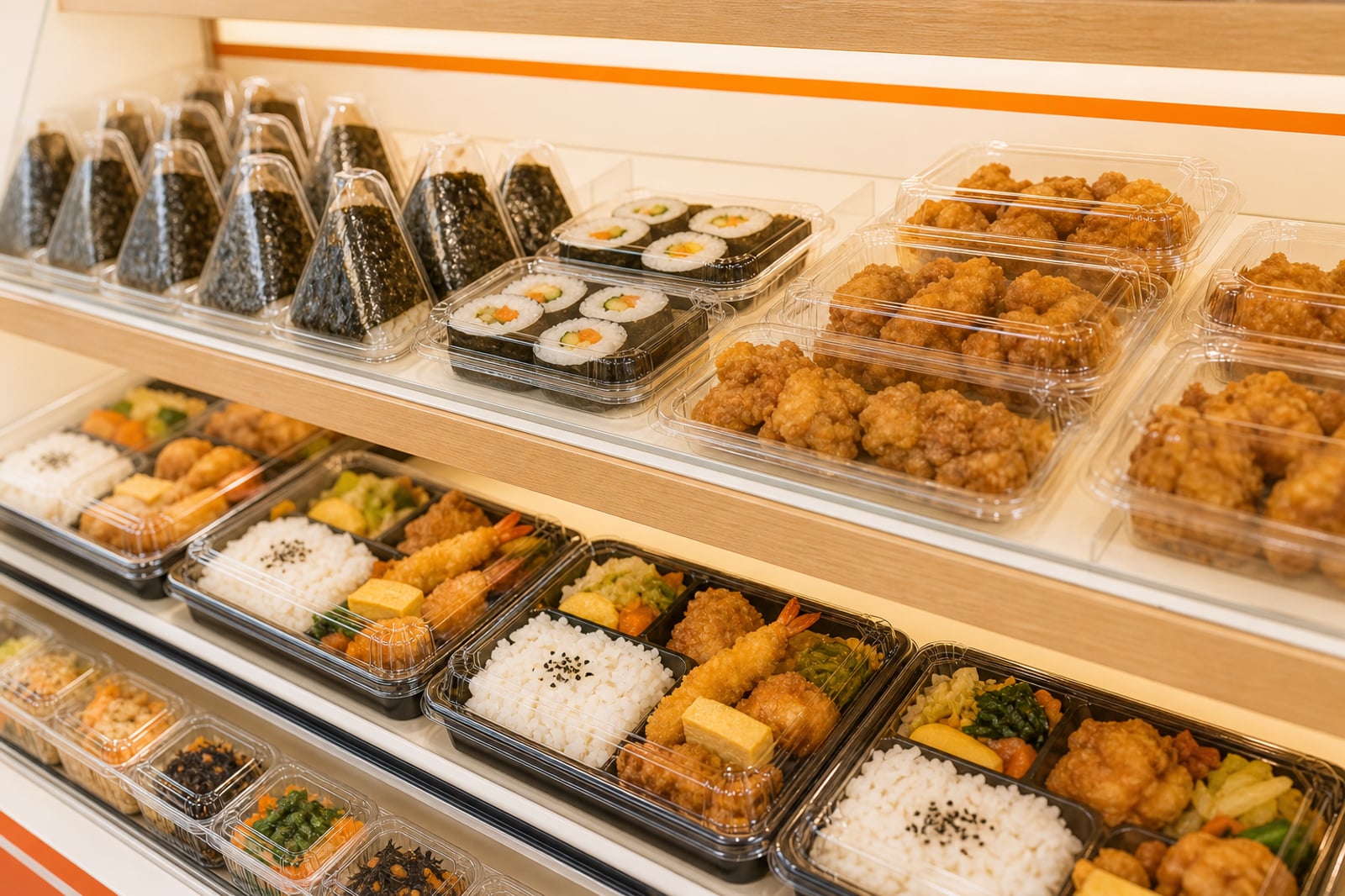 Grab & Go shelf — onigiri, sushi rolls, karaage and bento