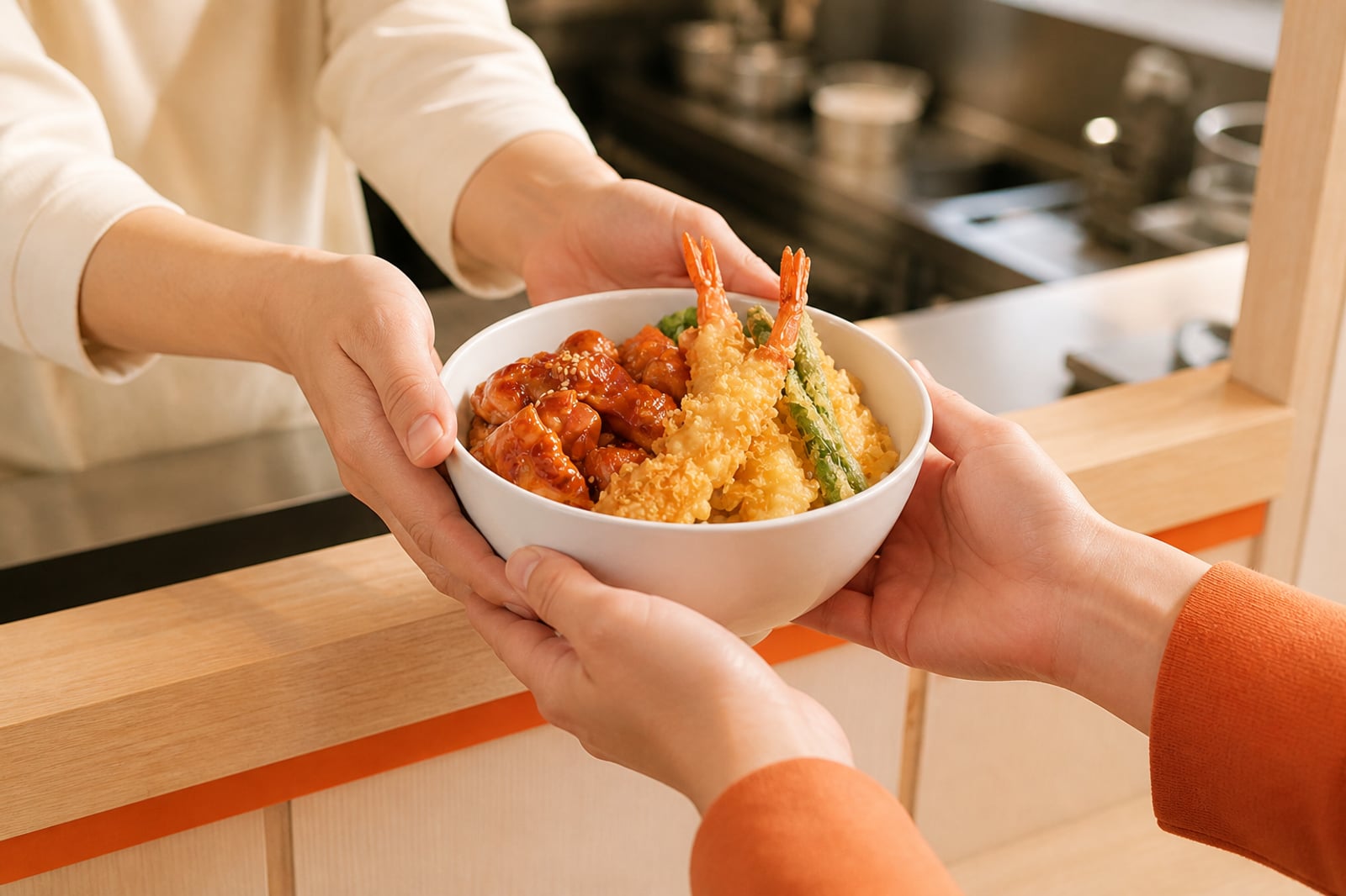 A bowl handed over the counter at Ebi Ten