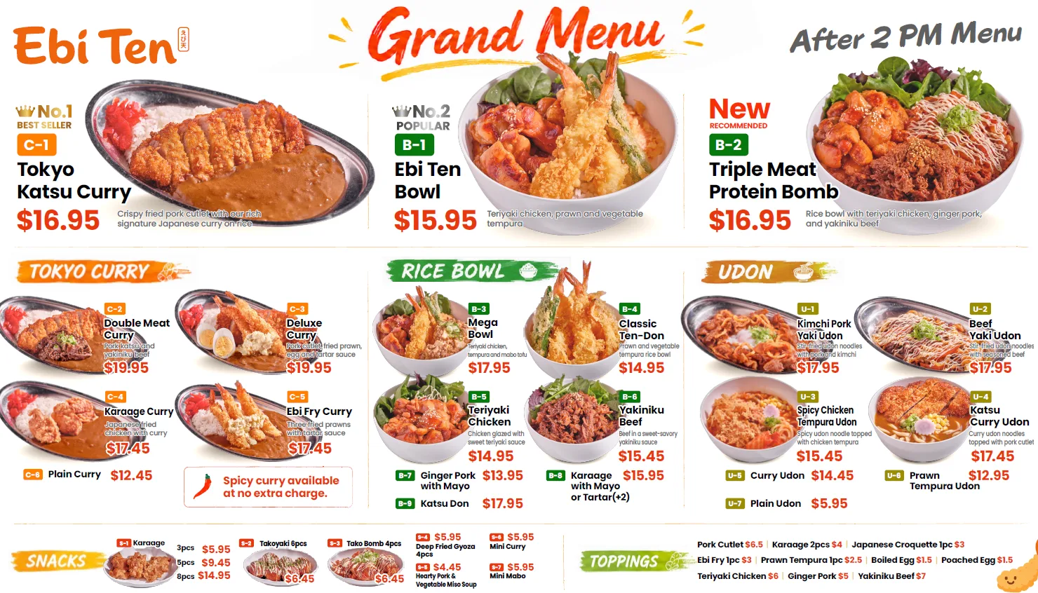 Ebi Ten Grand Menu — Tokyo Curry, Rice Bowl, Udon, Snacks and Toppings with prices