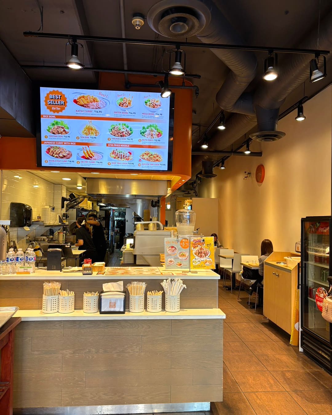 Lunchtime at Ebi Ten — the open kitchen and the seats by the counter